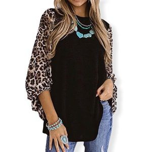 St.Jubileens-Black & Leopard print Blouse-Long blousy sleeves-NWT-Sz Med.